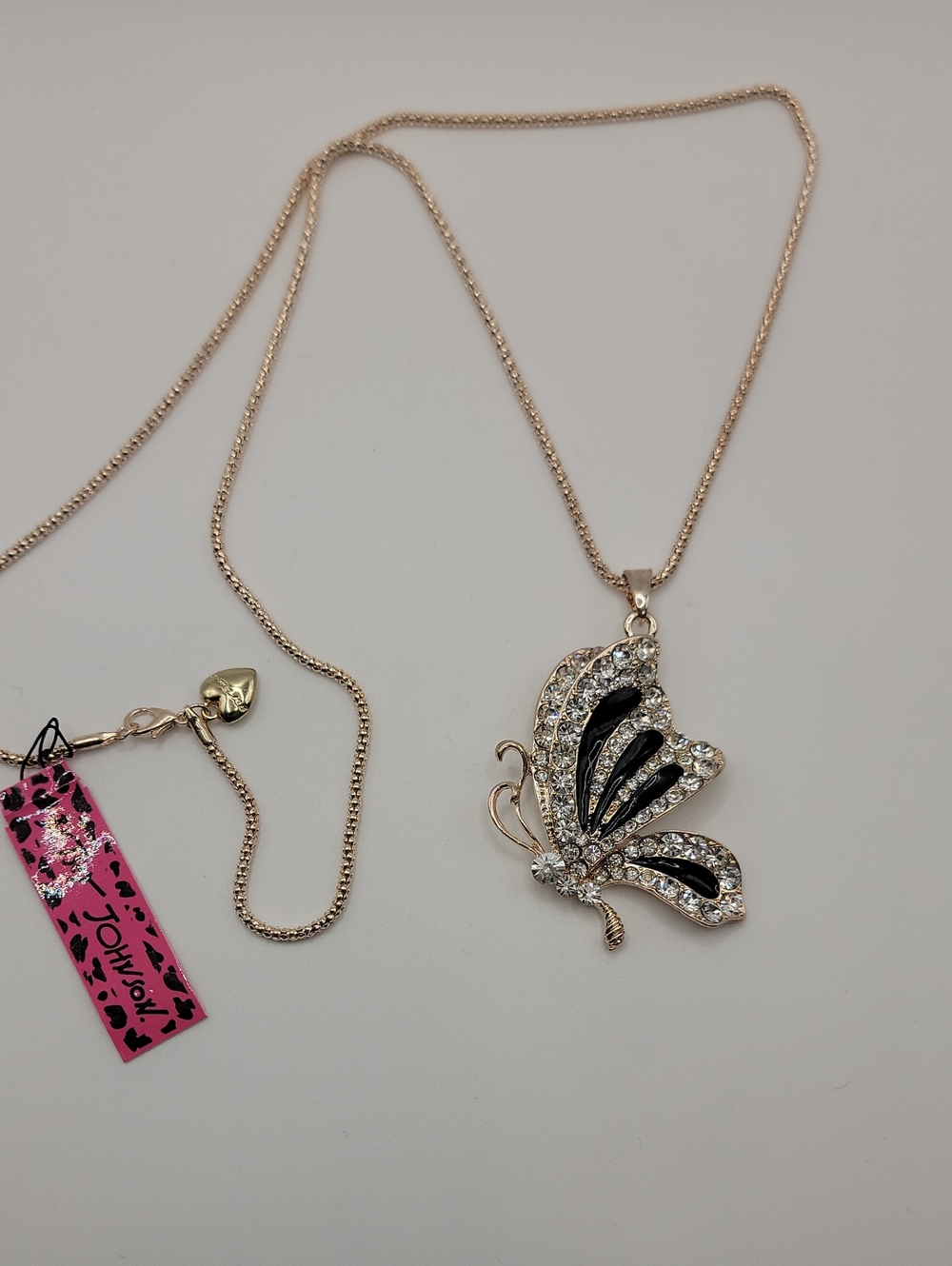 Betsey Johnson Gold-Tone Butterfly Pendant Necklace with Black and Clear Accents